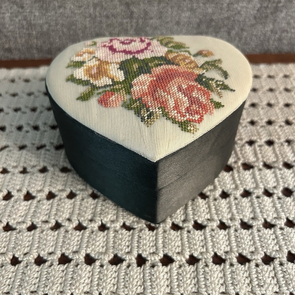 Vintage Stitched Needlepoint Floral Heart Shaped Jewelry Trinket Box Satin 5"